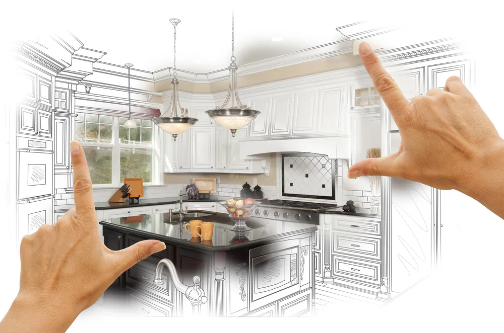 Hands pointing towards a drawing of a kitchen labeled "Crown Finish," illustrating design features and layout.