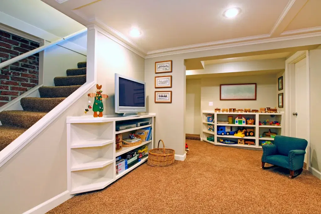 A carpeted finished basement features a small television on a white built-in console under the stairs and a dedicated play area with shelves full of toys.